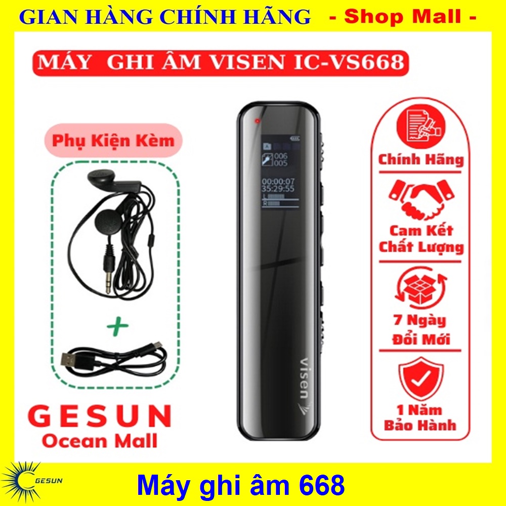 Máy ghi âm Visen 668 16GB Máy ghi âm mini nhỏ gọn lọc âm thanh tốt Bảo Hành 12tháng đổi mới