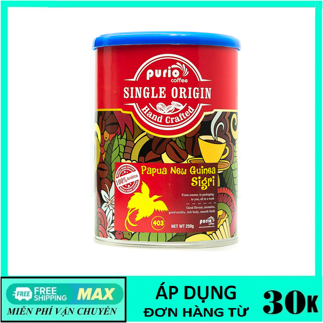 Cà phê đặc sản hạt Papua New Guinea (PNG), Purio Specialty Coffee, lon 250gr.