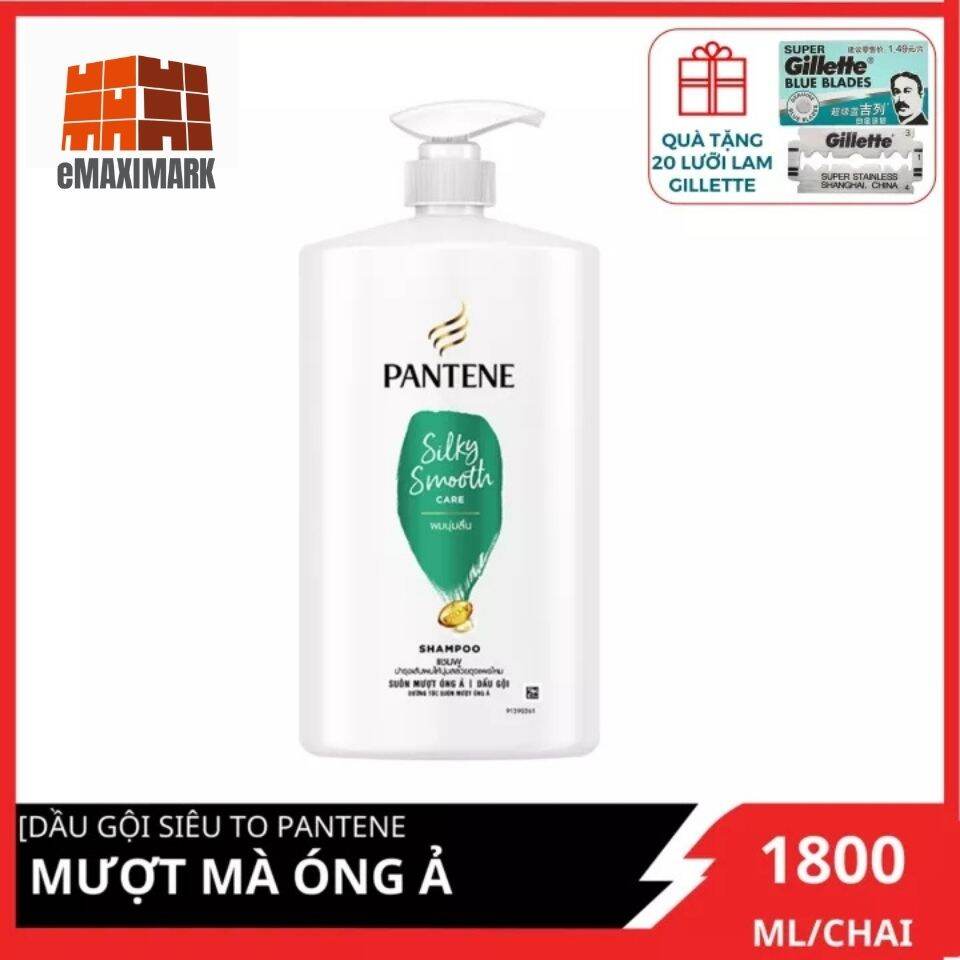[HCM ship 2h] Dầu gội siêu to Pantene Mượt mà óng ả (Xanh) 1800ml tặng kèm 20 lưỡi lam Gillette