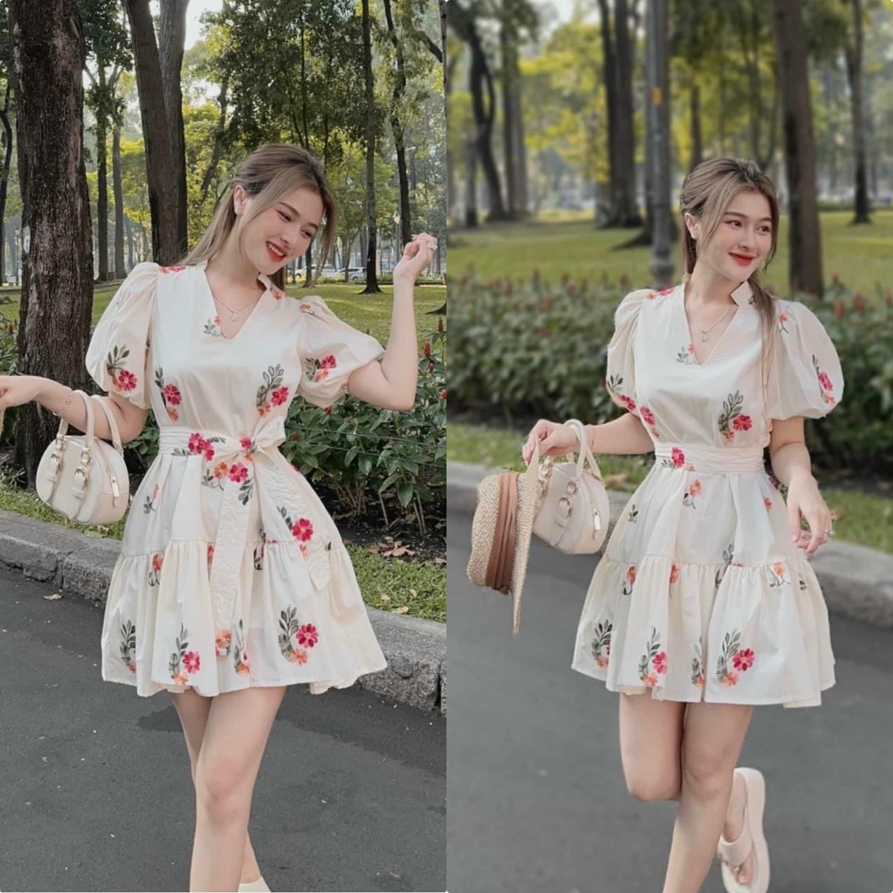 Đầm váy nữ tay phồng cổ V kiểu dáng xòe ngắn cột nơ eo họa tiết hoa siêu cute