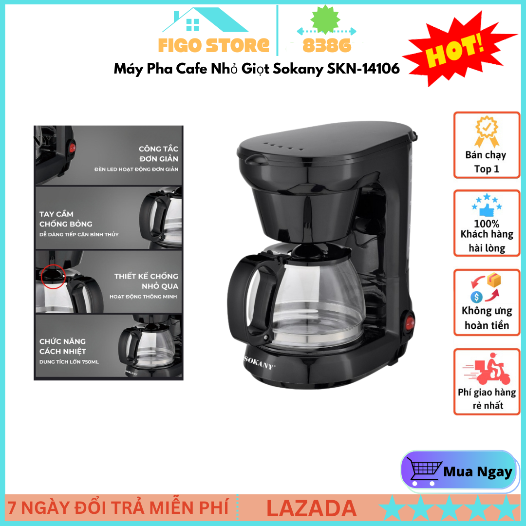Máy Pha Cafe Nhỏ Giọt Sokany SKN-14106, Máy Pha Cà Phê Mini Cao Cấp, Máy Pha Cafe Gia Đình Nhỏ Gọn Tiện Lợi Hàng Nhập Khẩu, Bảo Hành 1 Năm