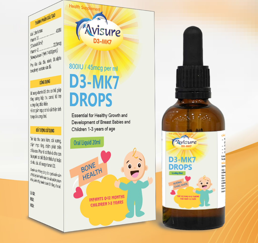 Avisure d3 mk7 nhỏ giọt: bổ sung vitamin d3 kết hợp mk7 giúp tăng cường hấp thu canxi cho bé