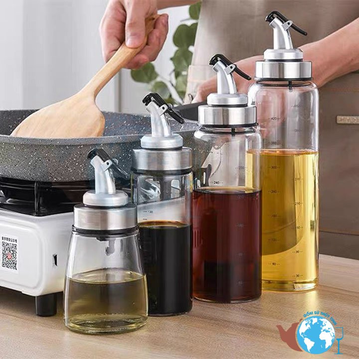 COMBO 4 bình thủy tinh đựng dầu ăn cao cấp có chia vạch theo hình đủ size 4 chai thủy tinh, 4 hũ thủy tinh có nắp chiết rót