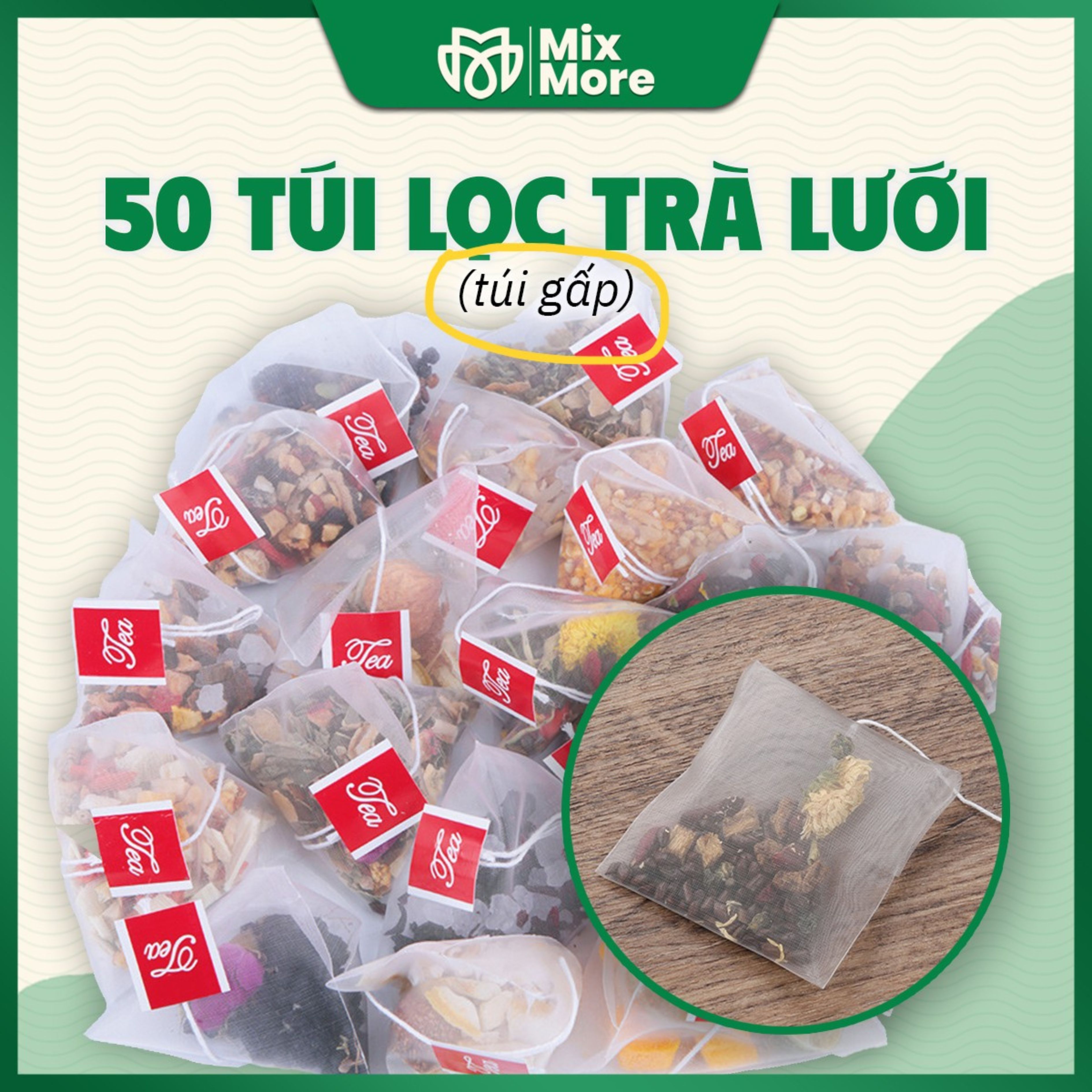 50 túi lọc trà gấp dây nhúng,lọc cafe, thảo dược, thực phẩm chất liệu lưới, dây rút dùng 1 lần an toàn thực phẩm mixmore