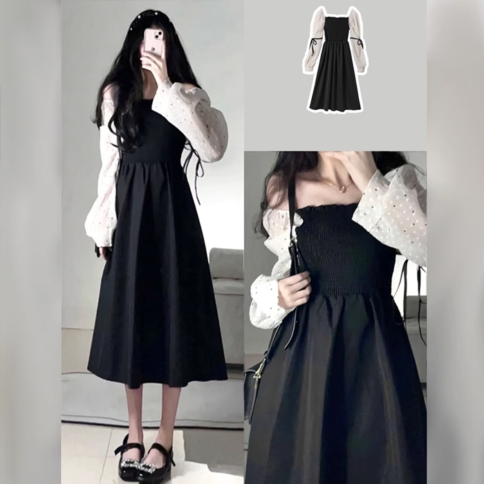 Váy dài tay kiểu dáng cổ điển váy dài tay tiểu thư eo thon dáng váy chữ A ulzzang GUBO790221
