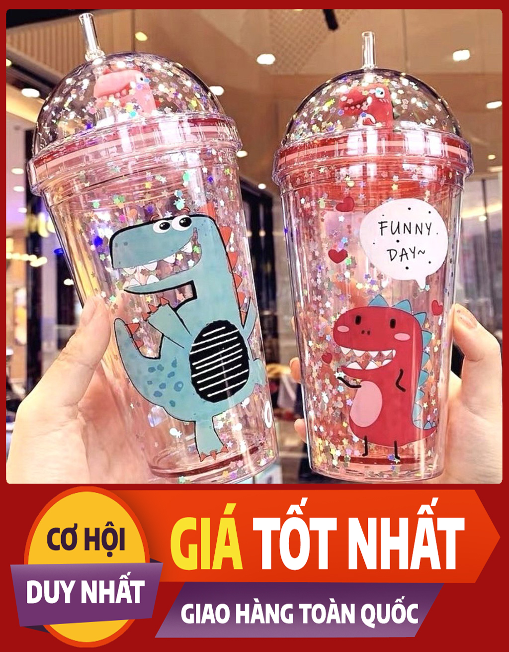 Ly Giữ Nhiệt Kim Tuyến Khủng Long Tặng Kèm Ống Hút - Bình Đựng Nước Giữ Nhiệt Kim Tuyến - Ly Đựng Nư