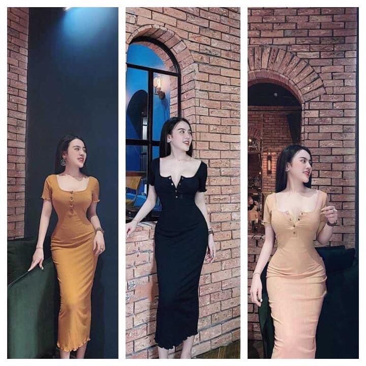 Váy Đầm Nữ FREE SHIP Ôm Body Cổ Nút Bấm-Form Dài Sang Chảnh ANLY53