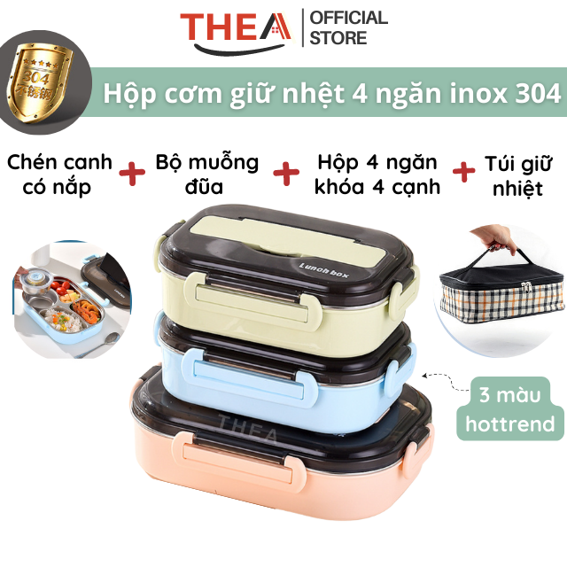 Hộp đựng cơm giữ nhiệt văn phòng inox 304, Khay đựng cơm 1500ml, 2000ml 4 ngăn chống tràn, hâm nóng đơn giản – THEA