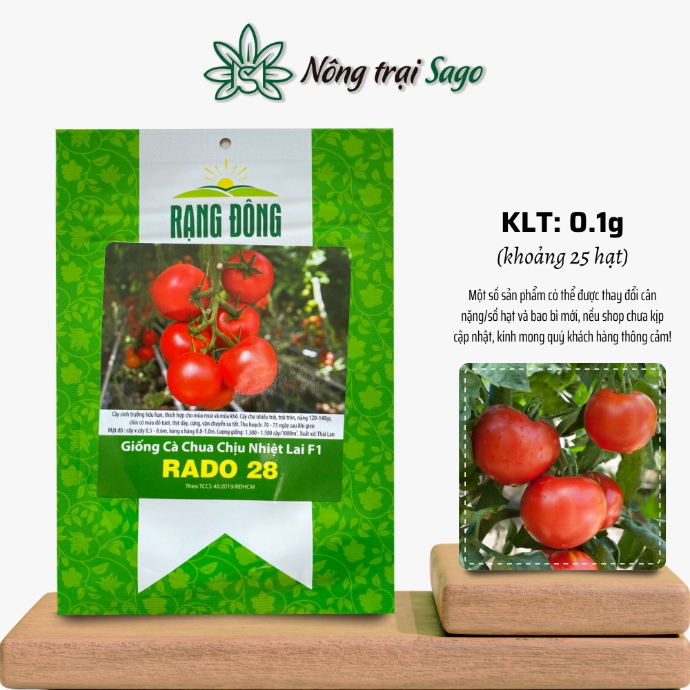 Hạt giống Cà Chua Chịu Nhiệt Lai F1 Rado 28 (0,1g~25 hạt) nảy mầm tốt, dễ chăm sóc, trồng quanh năm, hiệu Hạt giống Rạng Đông - Nông Trại Sago