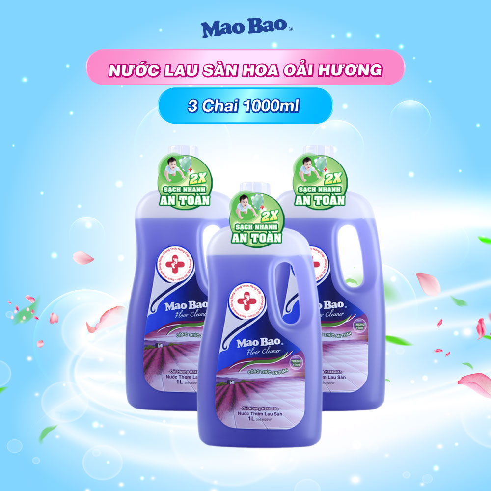 Combo 3 chai Nước lau sàn Mao Bao 1L Hương hoa oải hương dịu nhẹ, sạch nhanh sáng bóng, không rít chân, an toàn cho da
