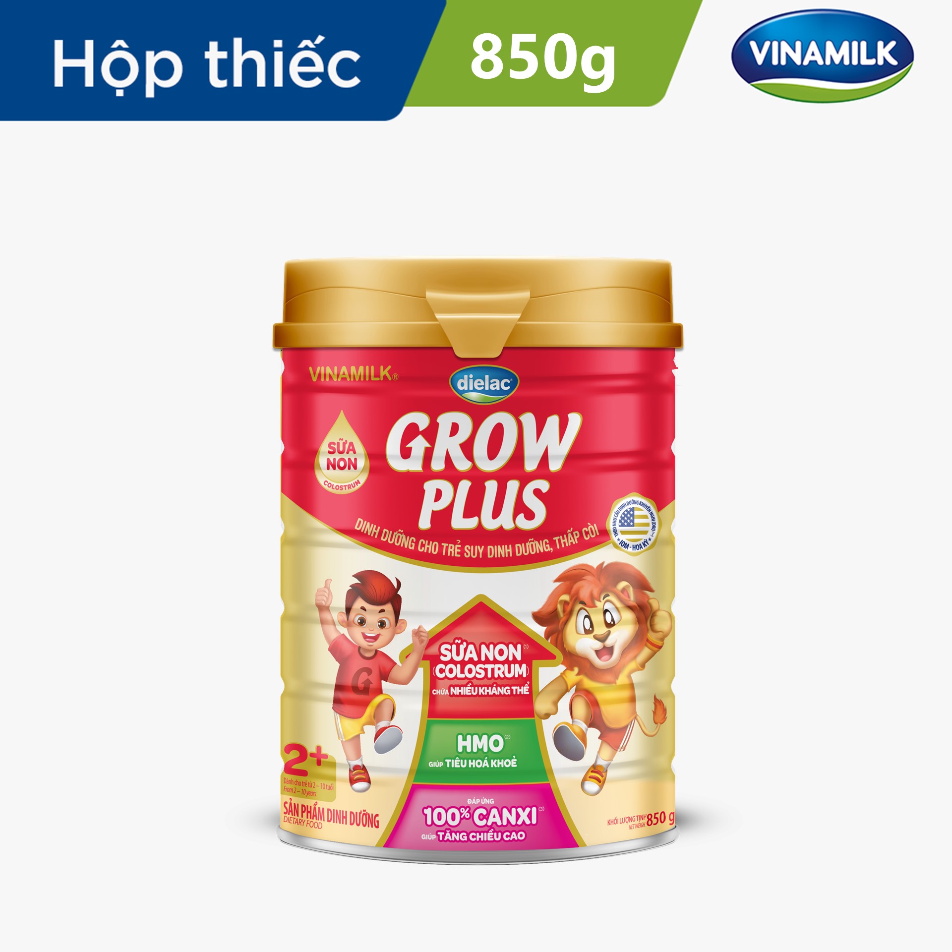 Sữa Non Vinamilk Dielac Grow Plus 2+ HT 850g (Sữa bột cho Trẻ Từ 2 - 10 Tuổi) - Tăng cân cao khỏe, hỗ trợ Bé suy dinh dưỡng, thấp còi