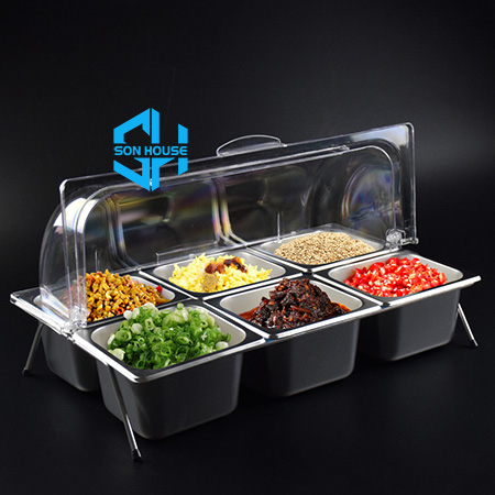 Bộ khay inox 6 ngăn có nắp đậy kín chống côn trùng bằng nhựa mica trong suốt đựng thạch topping, thức ăn tiệc buffet