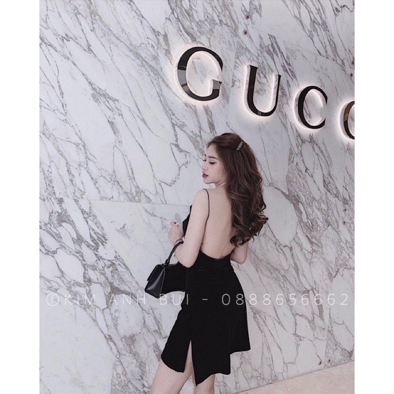 Đầm nhung khoét lưng, đầm 2 dây nhung hở lưng d214