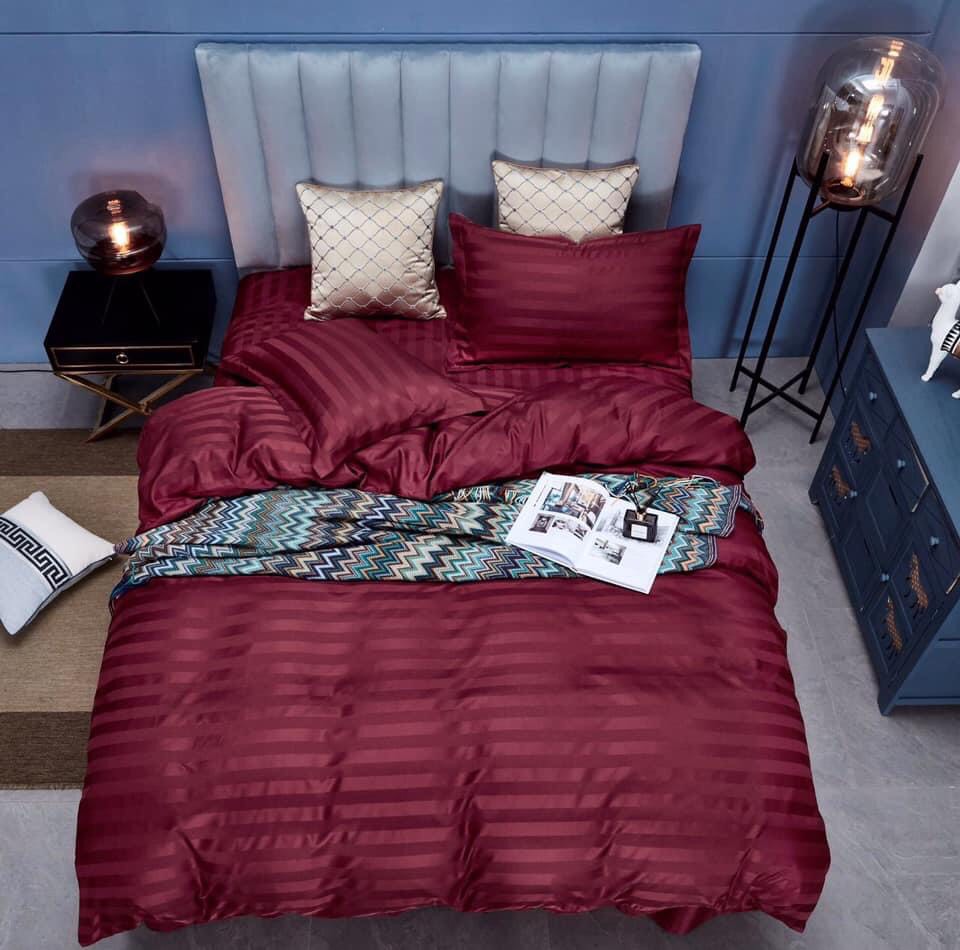 Bộ Chăn Drap Gối COTTON SỌC 3F Màu Đỏ Vải Cotton Lụa Bóng Hàng Chuyên Cho Gia Đình Và Khách Sạn Lan Pham Bedding