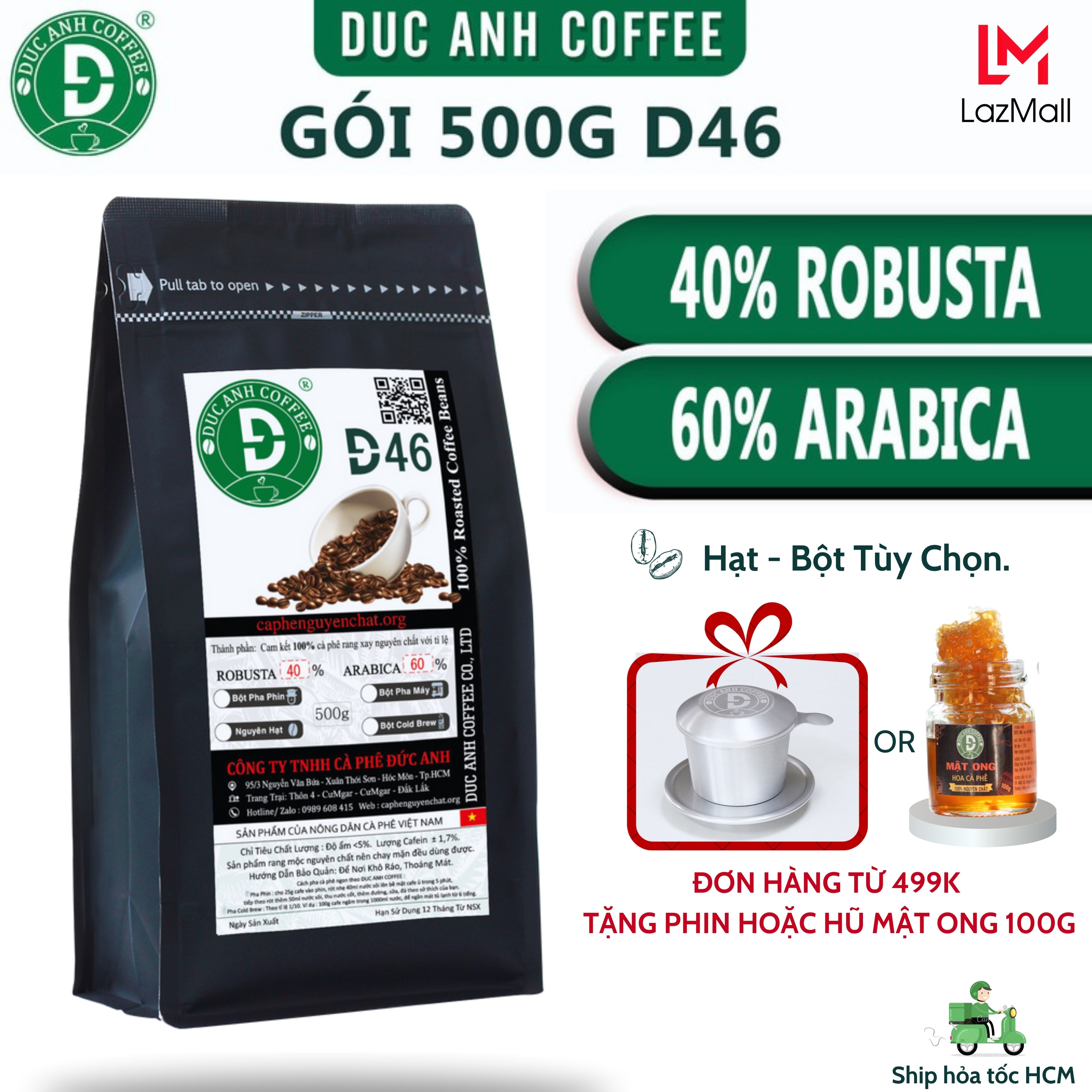 Gói 500g cà phê rang mộc d46 duc anh coffee cân bằng 40% robusta + 60% arabica tùy chọn pha phin, pha máy - gu vừa, ít đắng, thơm nhiều từ arabica, cafe đức anh - cà phê đặc sản buôn ma thuột - cafe đặc sản