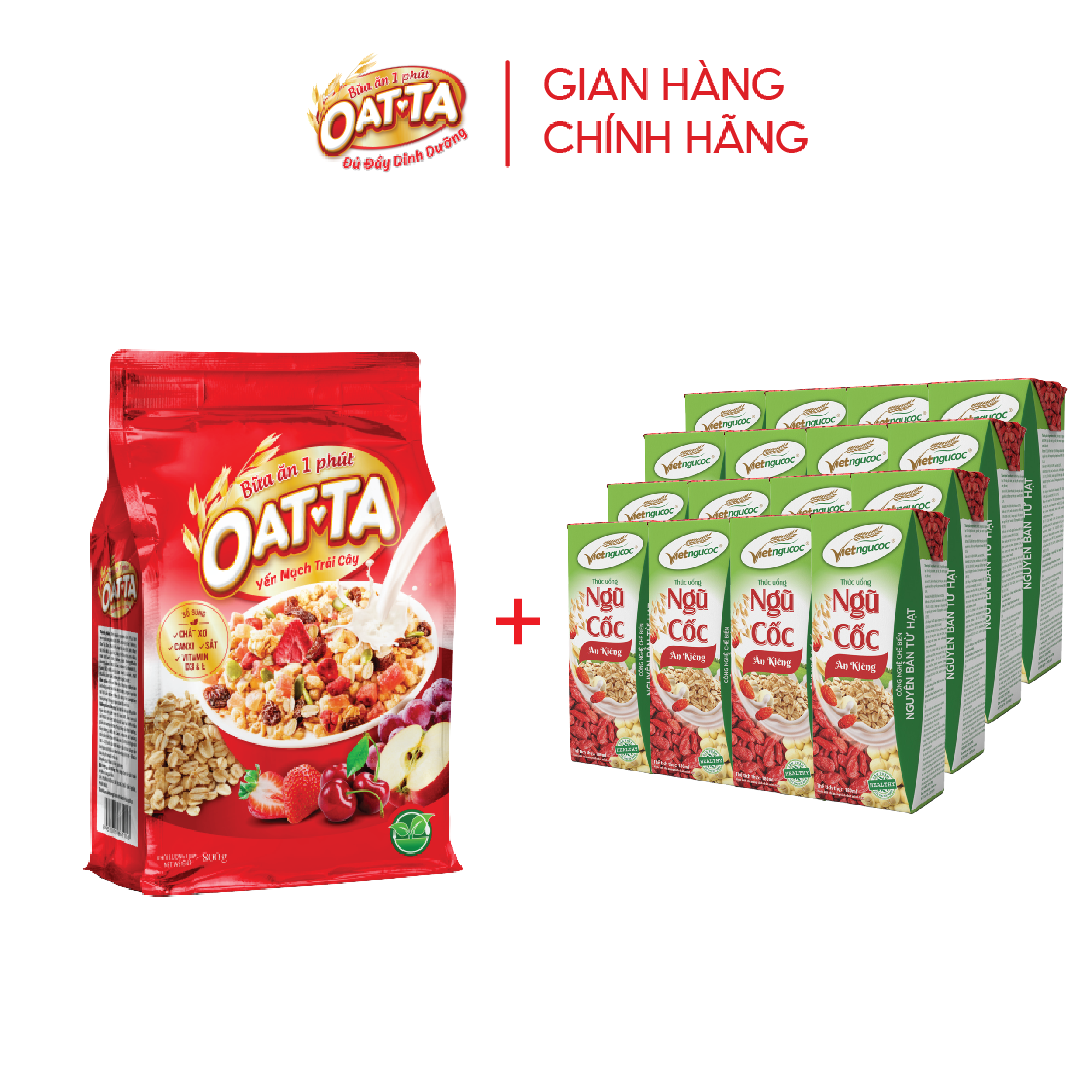 Combo 1 Túi Oatta Yến mạch trái cây ăn liền 800g + 4 lốc Ngũ cốc ăn kiêng Việt Ngũ Cốc 180ml