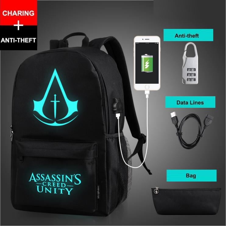 Balo Dạ Quang hình Assassin's Creed Unity tích hợp cổng sạc USB - Tặng kèm Ví, dây cáp USB và Khóa Chống trộm