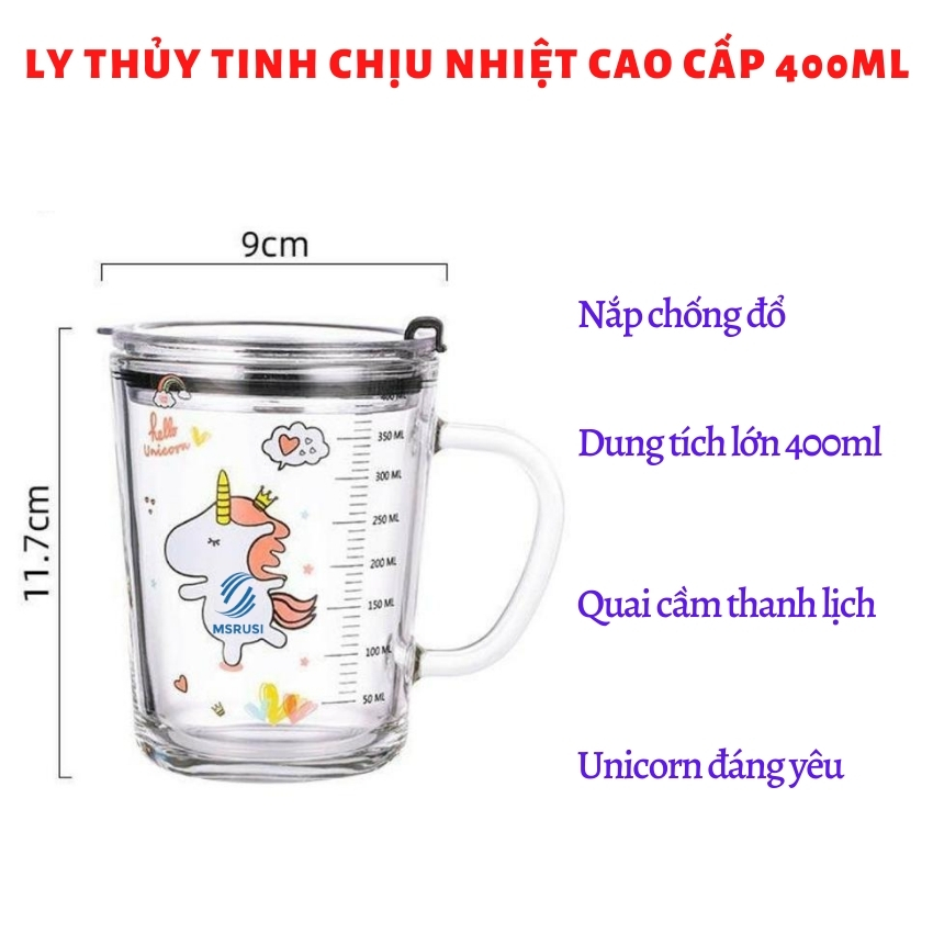Ly Cốc Thủy Tinh Có Nắp Dùng Pha Sữa - Uống Nước - An Toàn Cho Bé - Chịu Nhiệt Tốt - Có Chia Vạch - Hình Ngựa Unicorn - Pony Đáng Yêu [400ml + Kèm Ống Hút] - MSRUSI