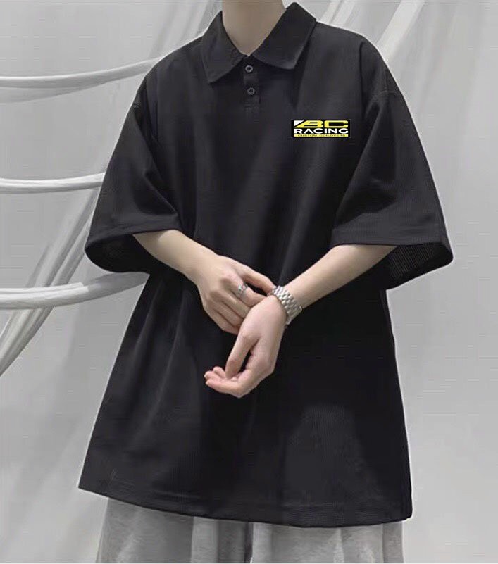 Áo polo nam nữ unisex tay lỡ logo thêu RACING cực chất hai màu trắng đen basic
