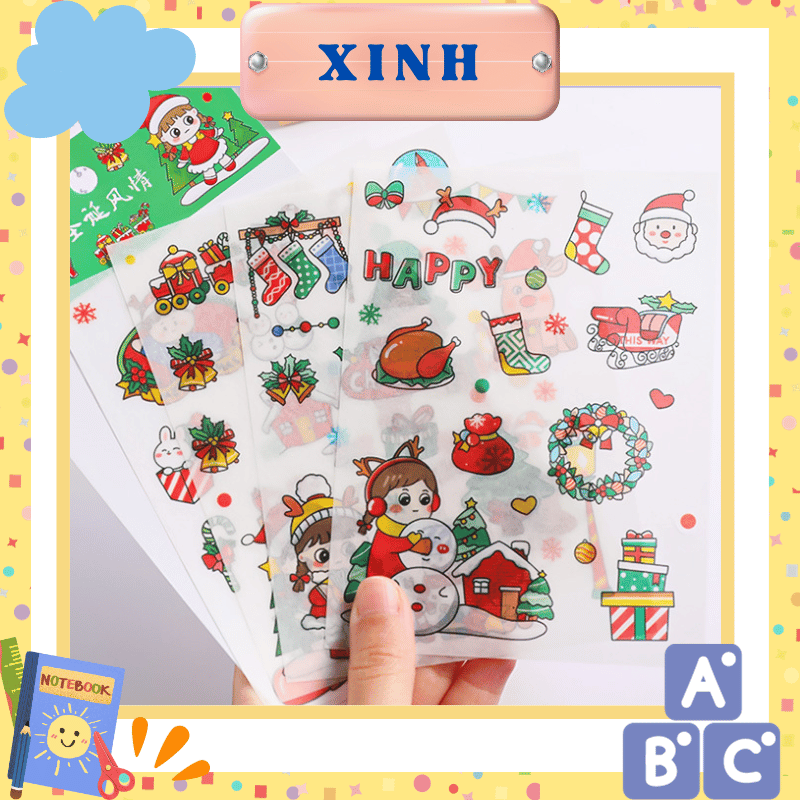 Set 4 tấm sticker cute cắt sẵn happy noel, giáng sinh dễ thương trang trí sổ tay, diy, nhật ký