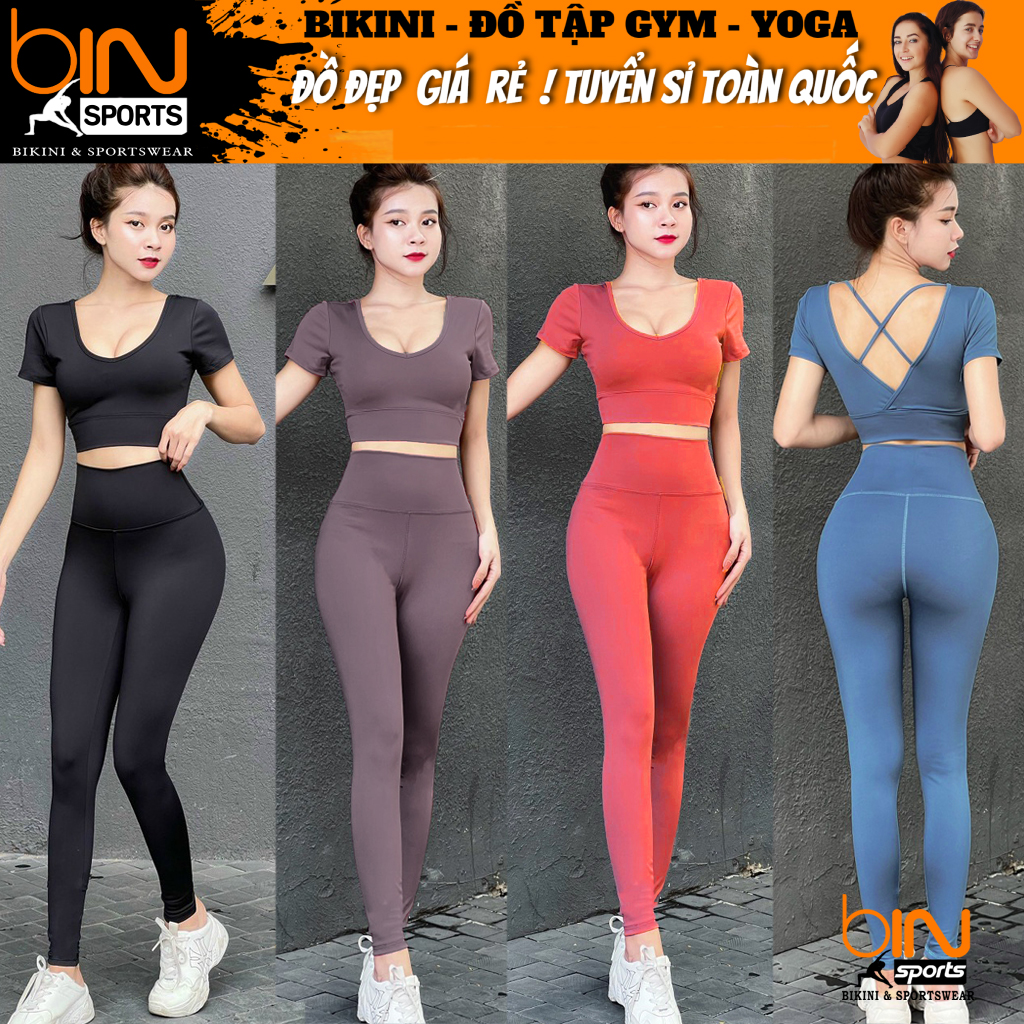 Đồ tập thể thao gym yoga nữ, set bộ áo crop ngắn tay kèm mút quần dài cao cấp Bin Sport BD157