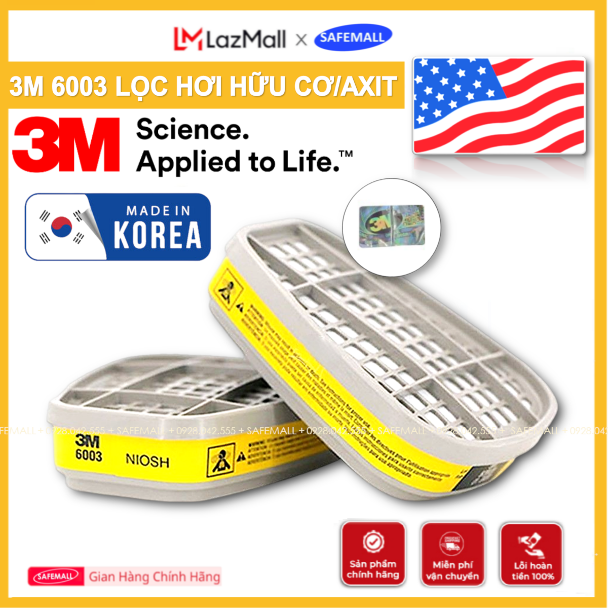 Phin lọc hơi hữu cơ và vô cơ 3m 6003 dùng cho mặt nạ 2 phin 6100, 6200 tiêu chuẩn n95 lọc độc lọc khói lọc bụi mịn an toàn lao động - hàng chính hãng safemall official