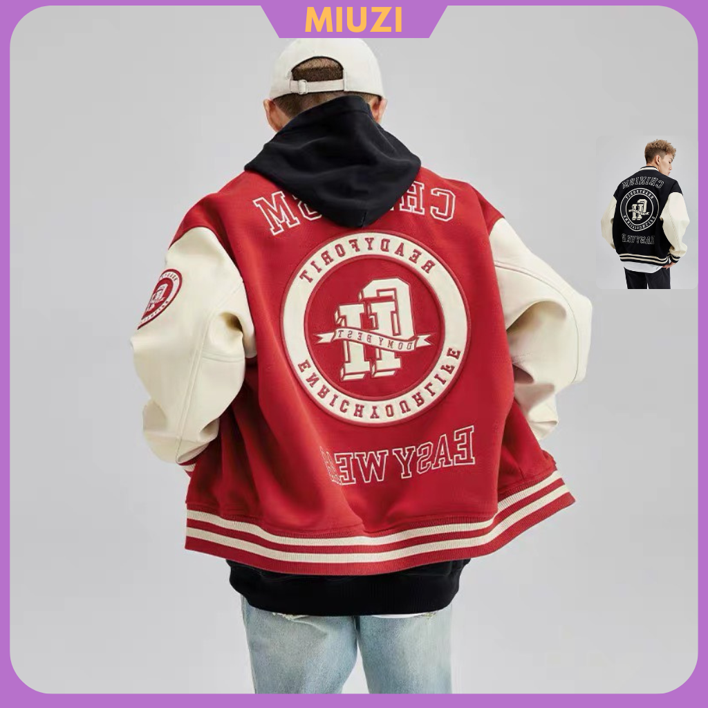 Áo khoác varcity Unisex vải dạ tay da,khoác bomber GH Miuzi DT118