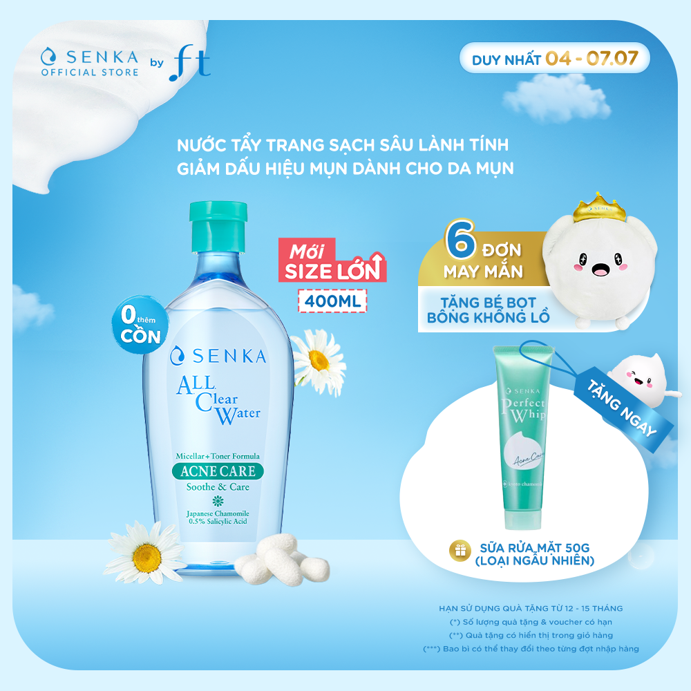 Nước tẩy trang micellar dành cho da mụn SENKA A.L.L. CLEAR WATER MICELLAR + TONER FORMULA ACNE CARE 400ML