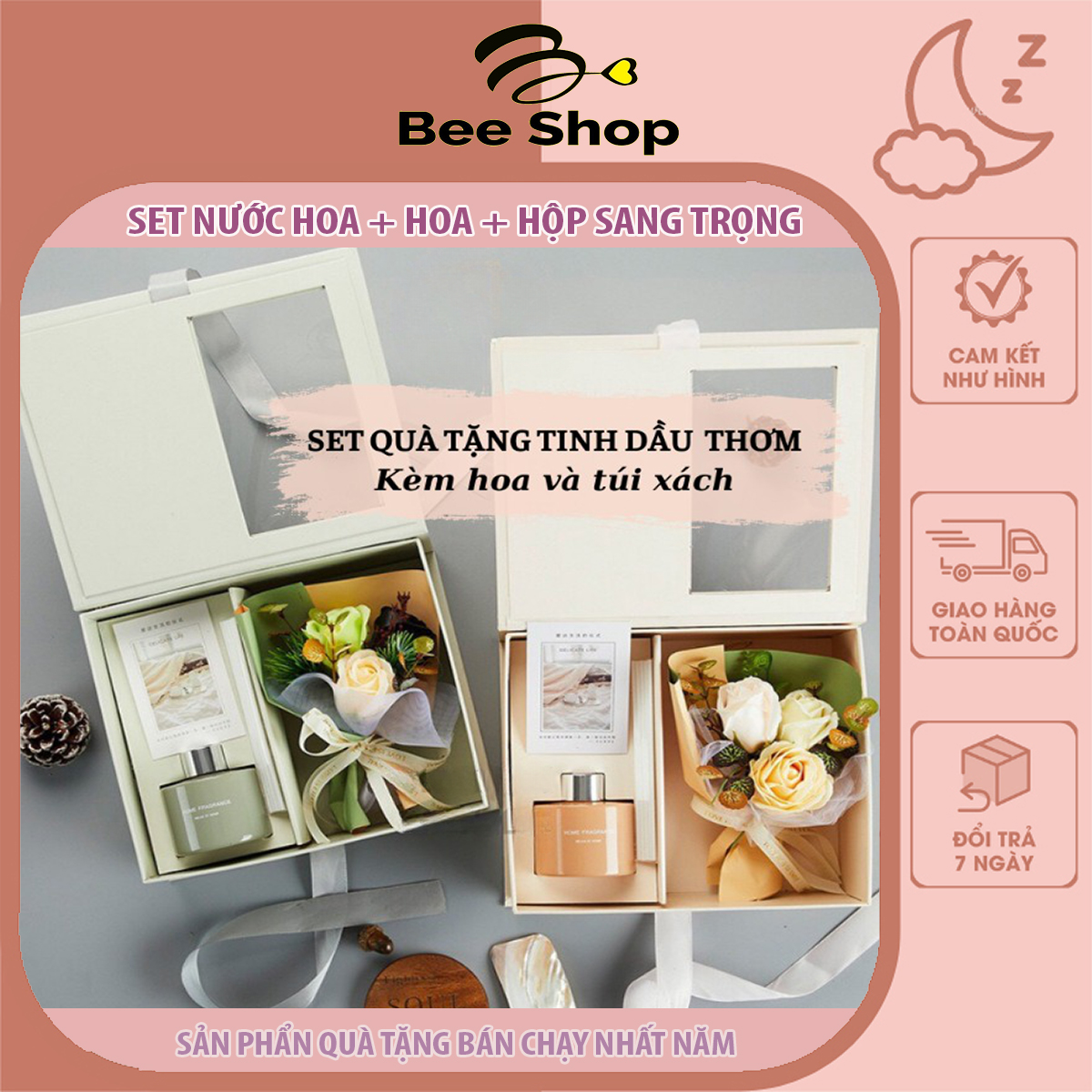 Set quà tặng tinh dầu thơm khuếch tán hoa lụa kèm túi xách sang trọng lịch sự