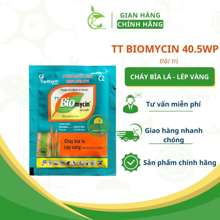 Chế phẩm xử lý bệnh vi khuẩn - biomycin phòng trừ bệnh cháy bìa lá, bạc lá lúa và bệnh lép vàng hại lúa.