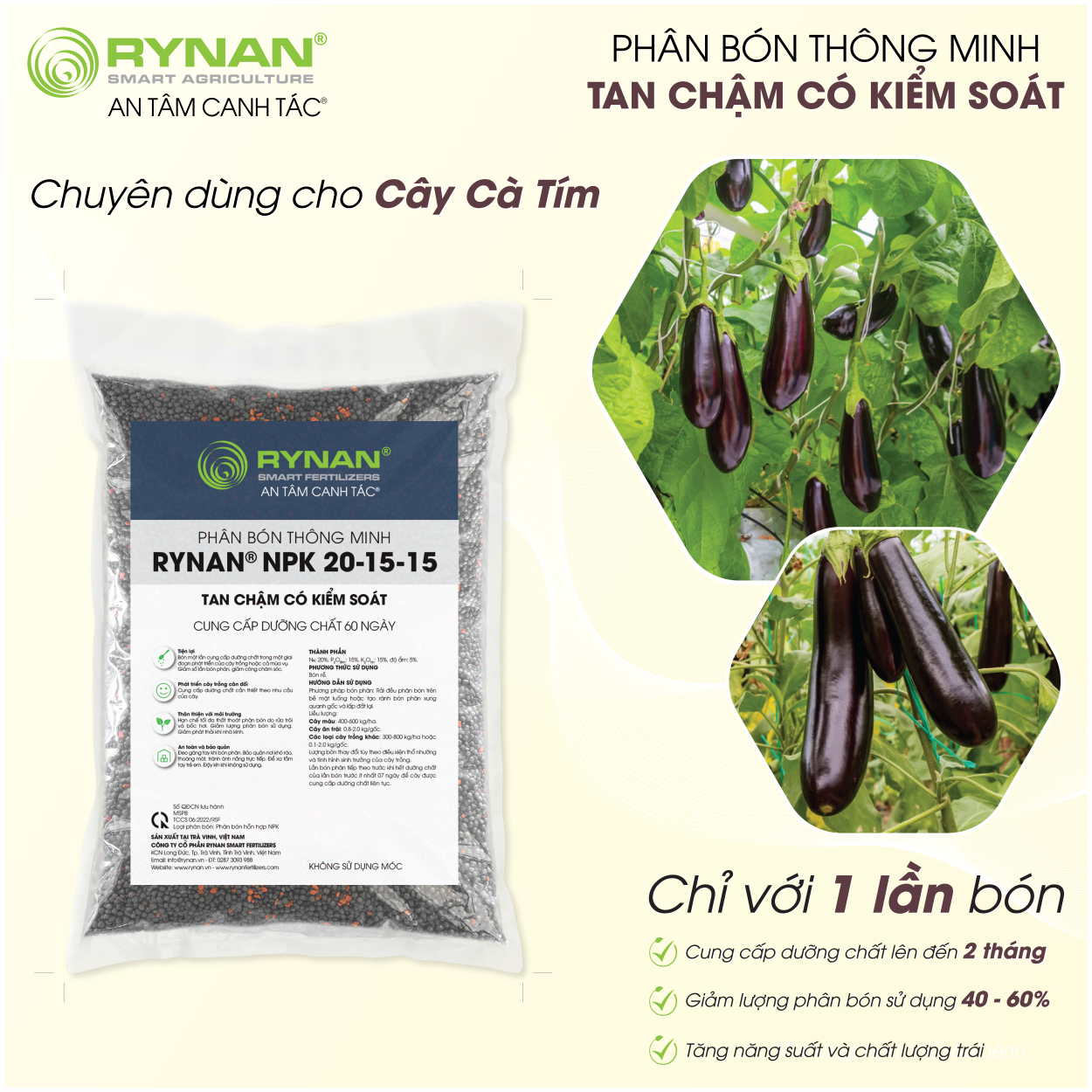 Phân bón tan chậm dùng cho cà tím rynan® npk 20-15-15
