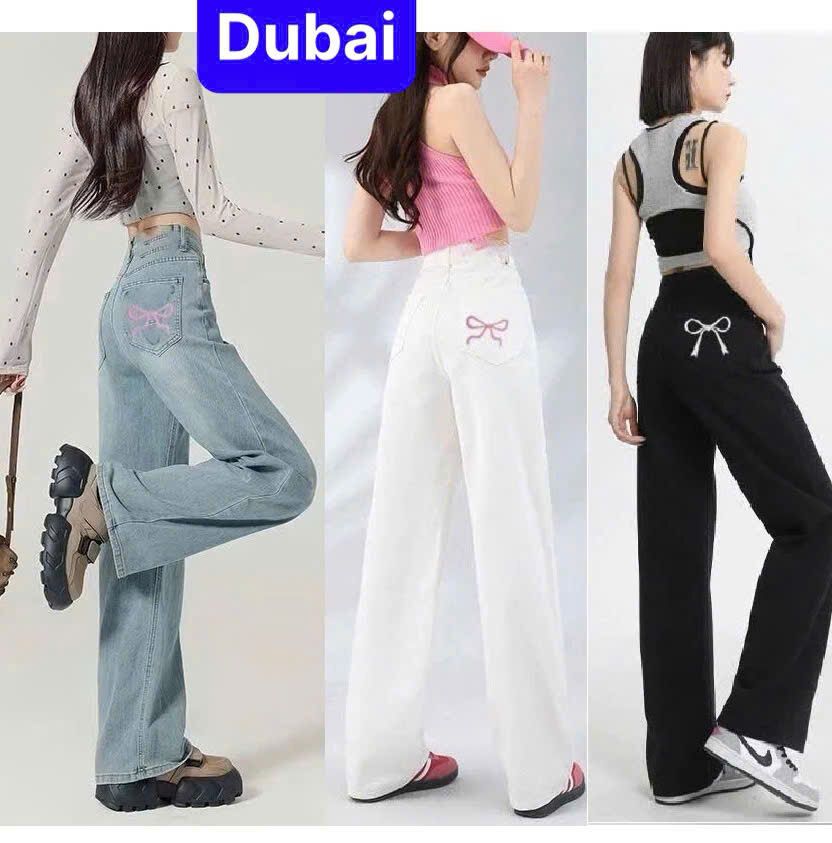 QUẦN BAGGY JEAN NỮ CHẤT BÒ ỐNG SUÔNG RỘNG THÊU NƠ HỒNG CẠP CAO LƯNG CAO NÂNG MÔNG SANG CHẢNH - DUBAI FASHION
