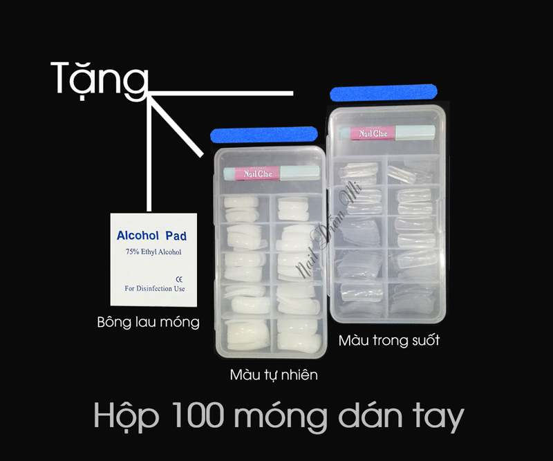 Hộp 100 móng dán tay tặng dũa và miếng bông tẩm cồn chùi sạch móng