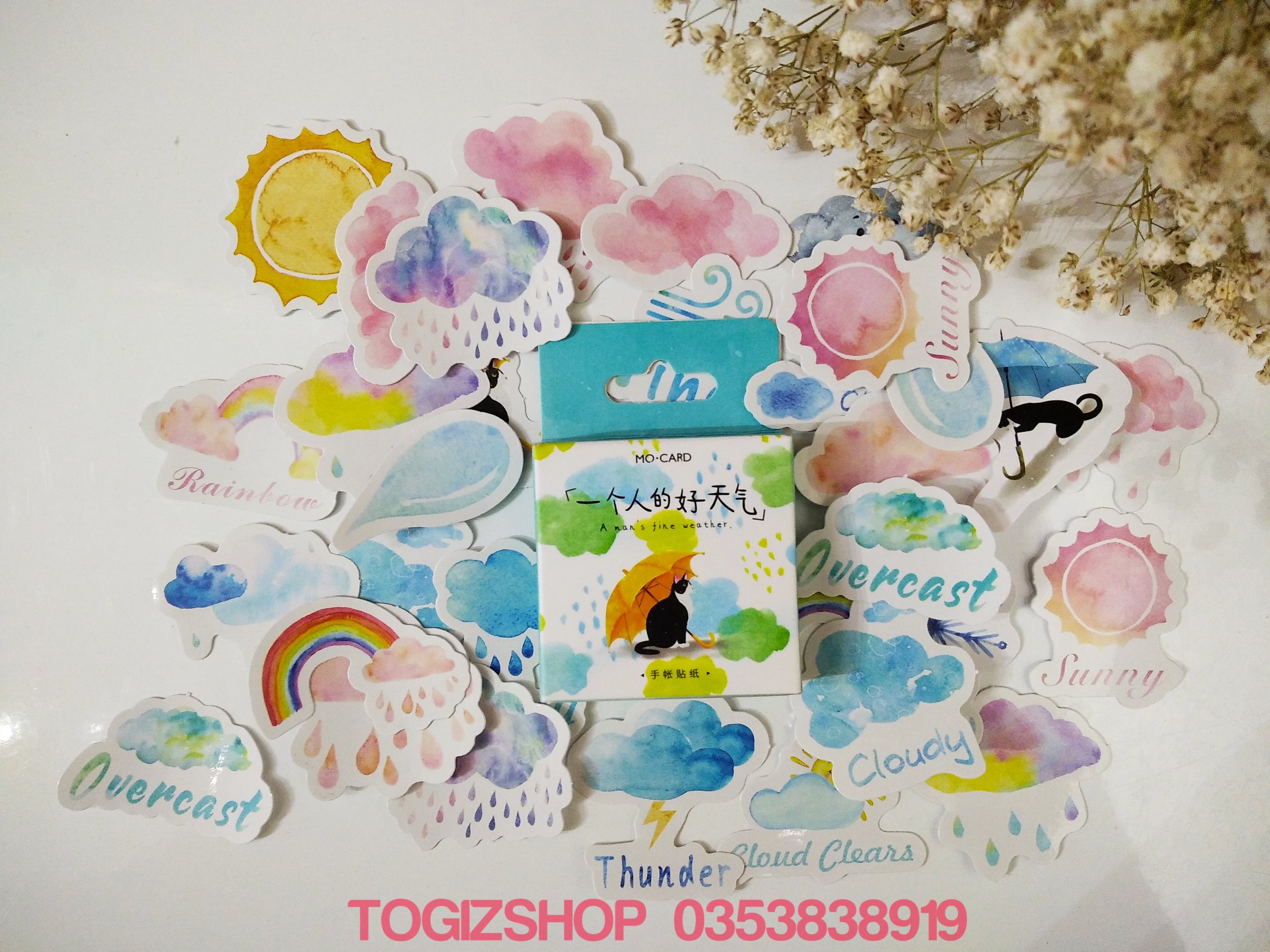 Sticker - Hộp 45 miếng dán sticker chủ đề Thời Tiết. Hình dán chất lượng cao - Trang trí ốp điện thoại, laptop, máy tính bỏ túi, sổ tay, nhật ký, thiệp và các đồ dùng khác
