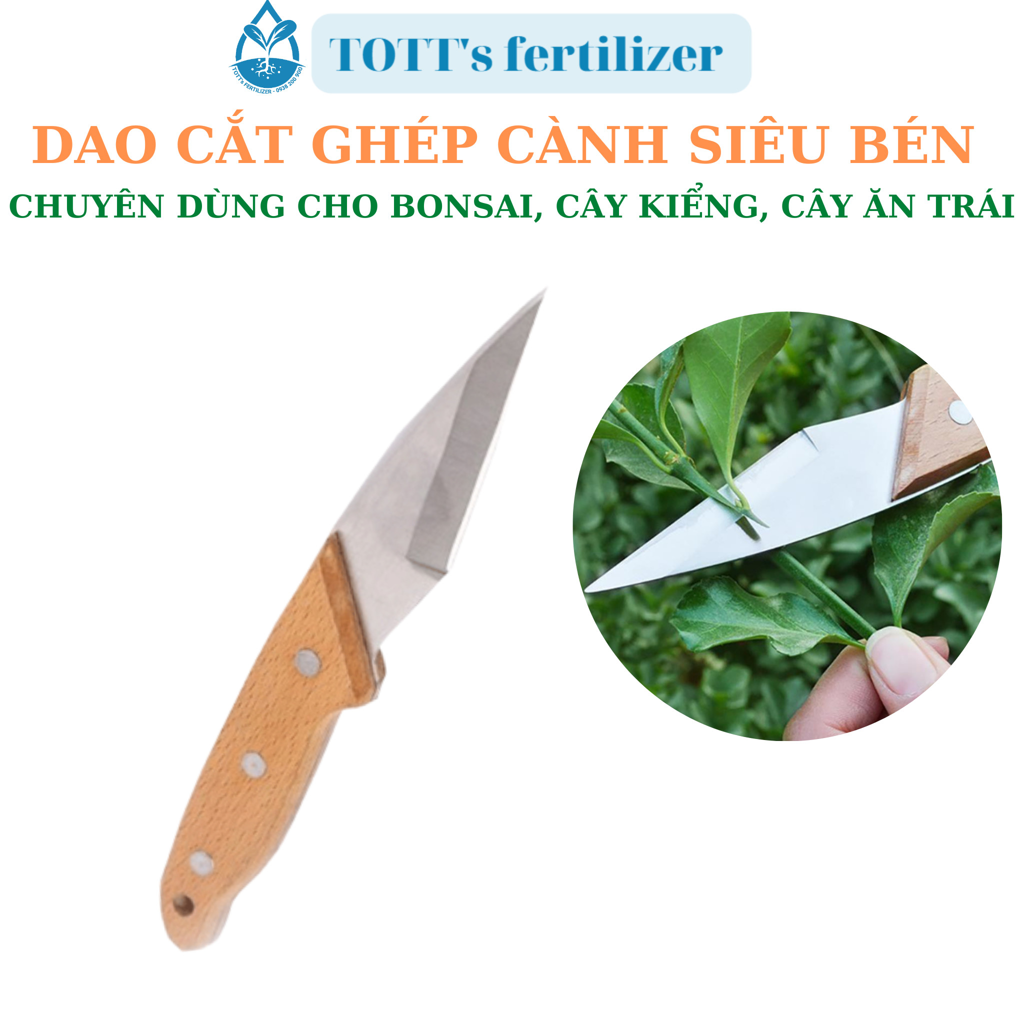 Dao cắt ghép cành siêu bén cán gỗ cao cấp dạng thẳng lưỡi dày 2mm, ghép cành, gọt vết cắt thân cây