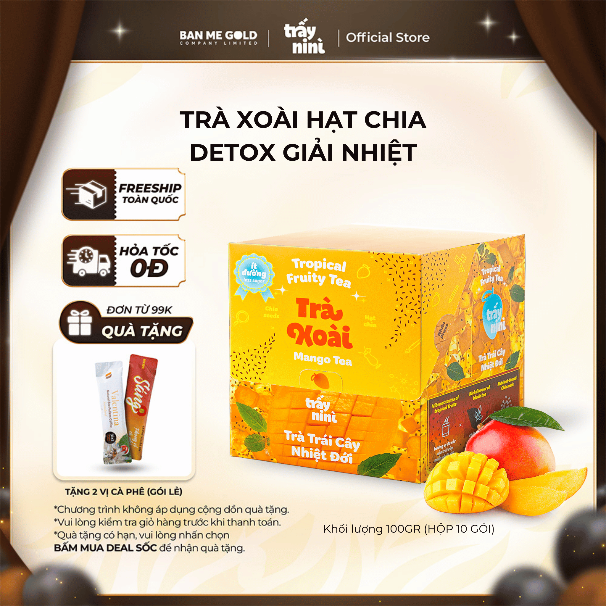 TẶNG QUÀ Trà Xoài Hạt Chia Thanh Nhiệt - Hộp 100g 10 Gói - Trà Trái Cây Nhiệt Đới Detox Ít Đường Ban Me Gold - Trấy Ni Nì