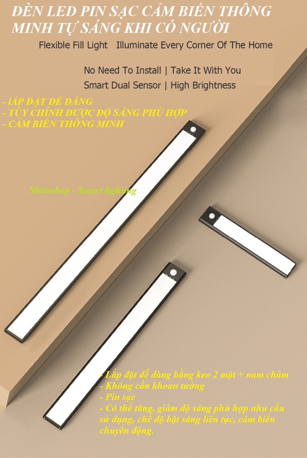 [HCM]Đèn LED gắn tủ tự động sáng  pin sạc dài 60cm 40cm 23cm dùng gắn tủ quần áo  tủ chén  cầu thang tích hợp pin sạc