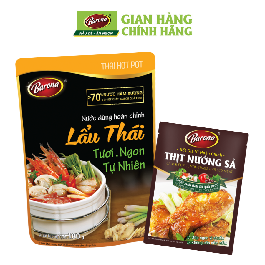 Combo 1 Gói Nước Dùng Lẩu Thái Barona 180g & 1 gói Gia Vị Nướng Sả Barona 80g