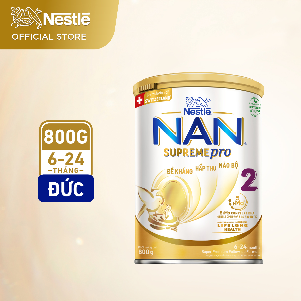 Sản phẩm Dinh dưỡng công thức Nestlé NAN SupremePro 2 lon 800g với 5HMO & đạm Gentle Optipro nguyên lon từ Đức