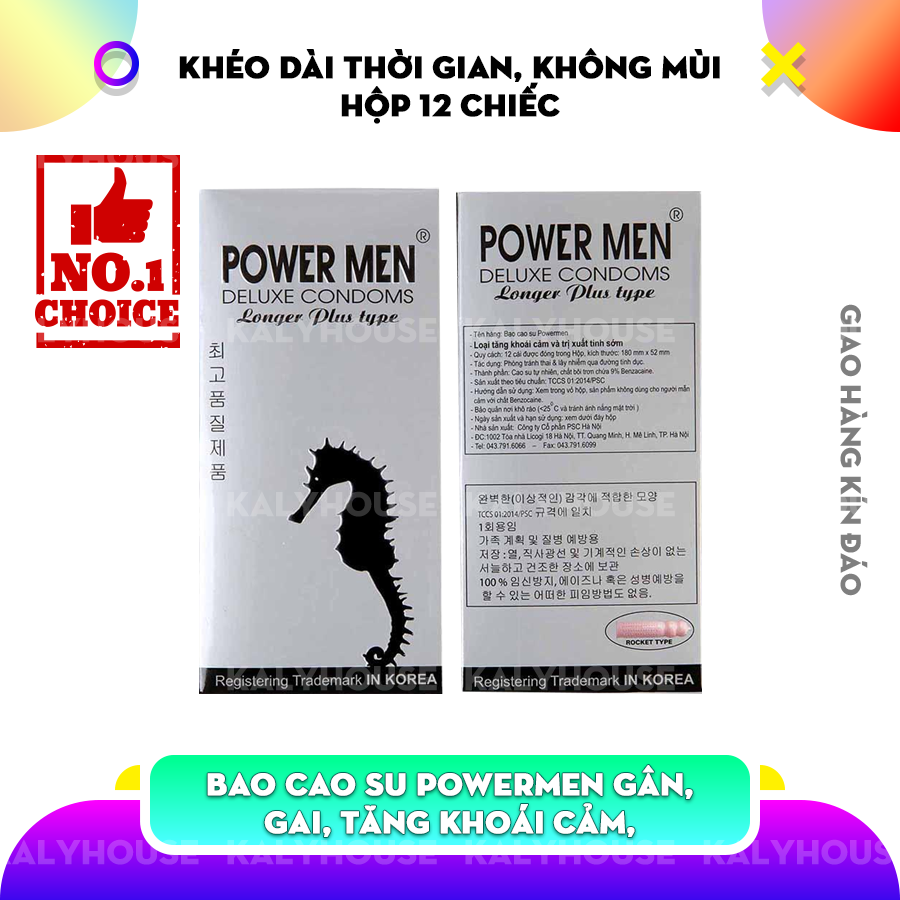 Bao cao su Cao Cấp Powermen Gân, Gai, Tăng khoái cảm, Kéo dài thời gian, Không mùi, (hộp 12 chiếc) Từ Kalyhouse