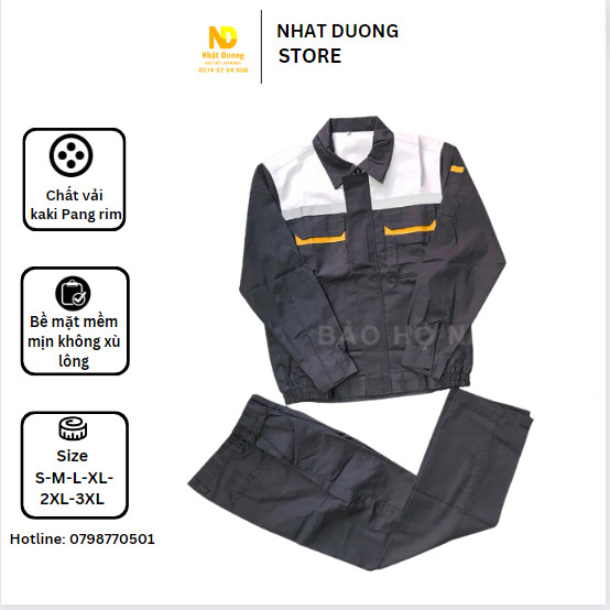 Quần áo bảo hộ lao động nam kiểu quần tây áo dài tay vải Kaki Pangrim màu xám phối ghi, đồng phục lao động có phản quang - PR04