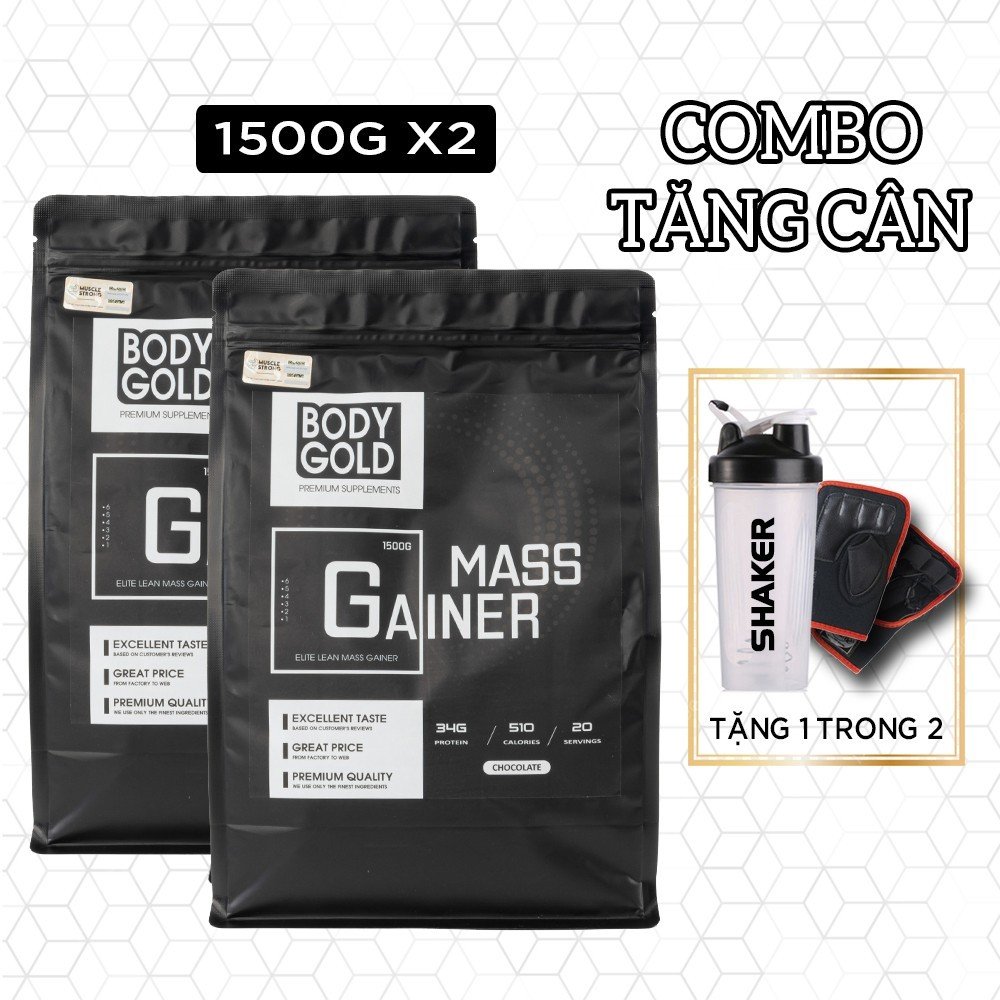 Combo 2 Túi Sữa Tăng cân Tăng cơ Mass Gainer Body Gold Túi 1,5 kg + Bình lắc 700 ml