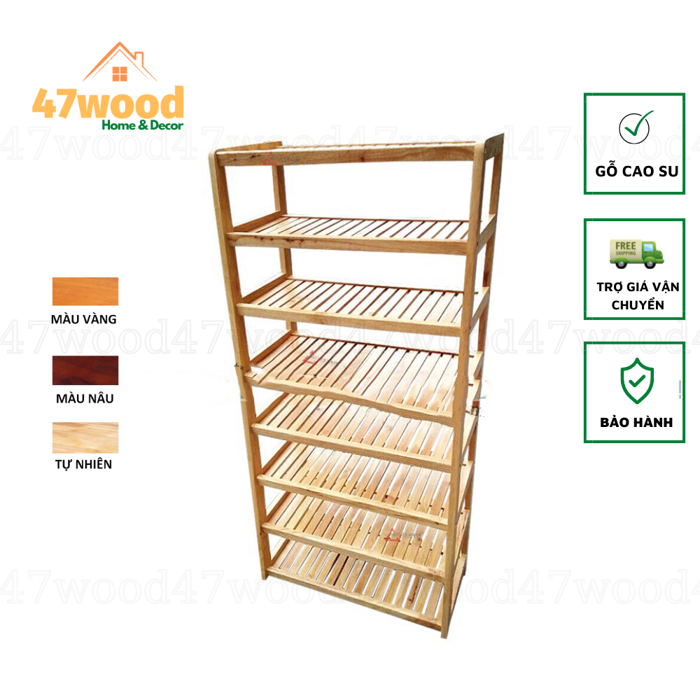 Kệ dép gỗ 8 tầng rộng 60cm, gôc cao su - Gía để giày dép gỗ cao su 47wood
