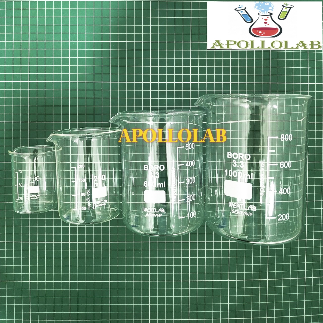 [Hãng Wertlab-Đức] Cốc thủy tinh chịu nhiệt có mỏ chia vạch 25ml 50ml 100ml 250ml 600ml