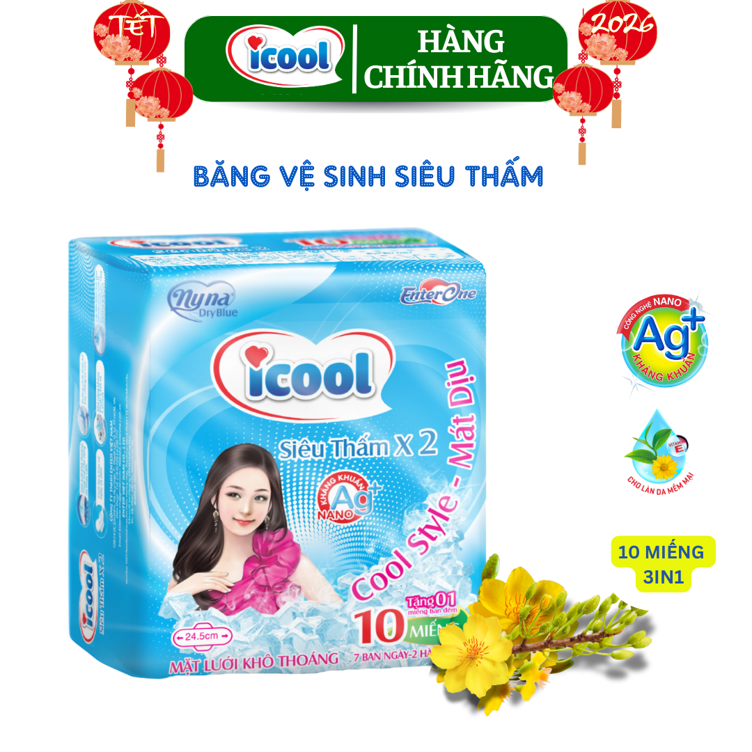  {Hàng chính hãng} Băng vệ sinh ICOOL Siêu Thấm Xanh 10 miếng BVS ban ngày 24cm có cánh MẶT LƯỚI siêu  thấm khô thoáng kháng khuẩn BẠC HÀ MÁT DỊU . 