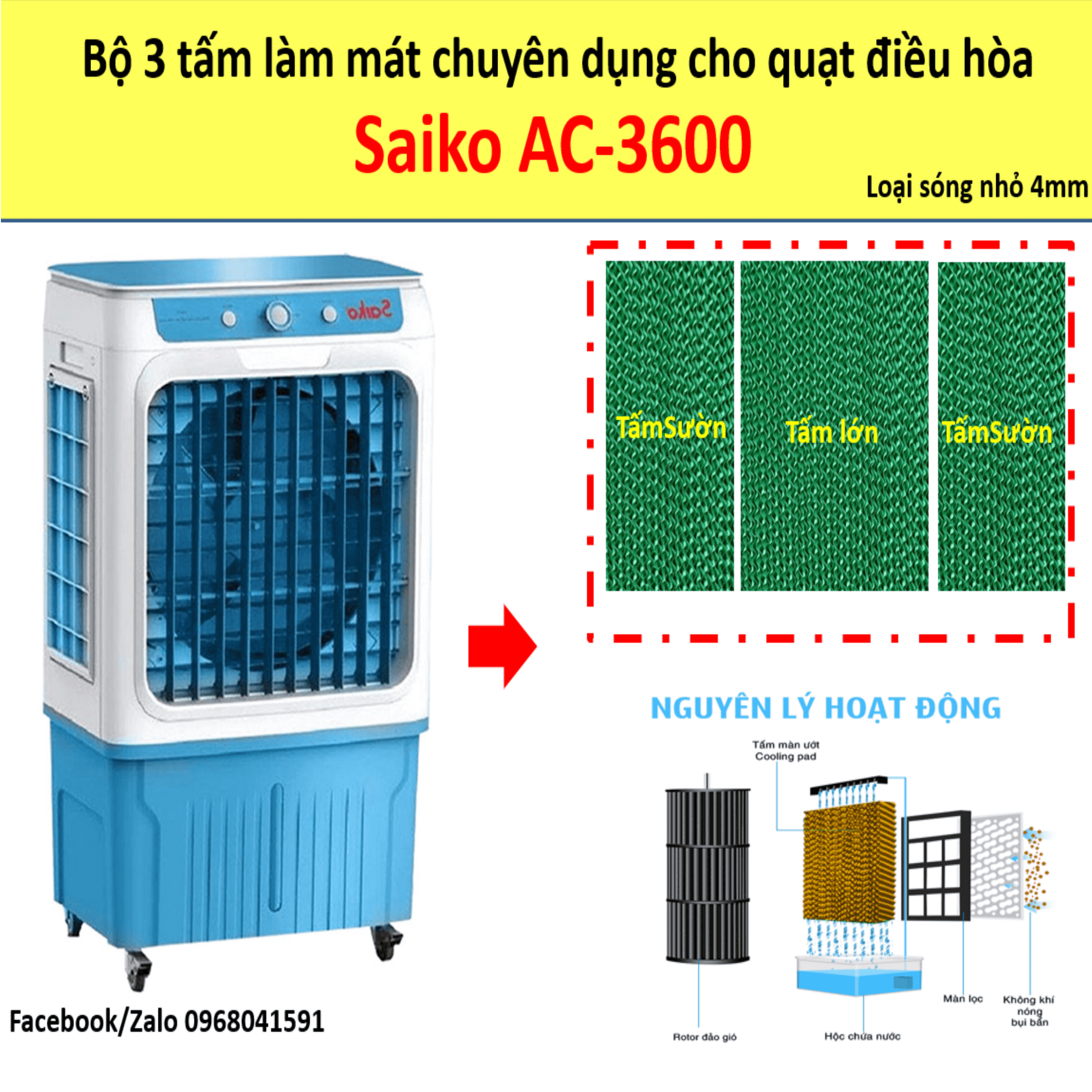 Bộ 3 tấm làm mát quạt hơi nước saiko ac-3600