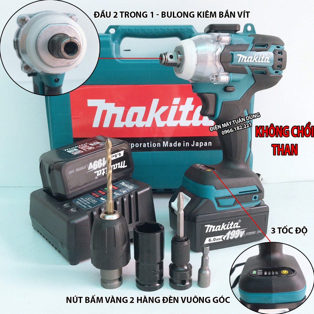 Máy siết bulong Makita 199v, 2 pin, đầu 2 trong 1, 100% dây đồng, không chổi than, tặng Bộ phụ kiện 10n + Mũi 8