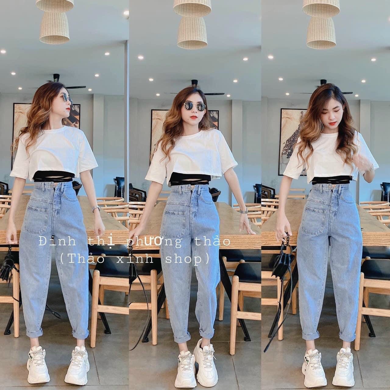 SET BAGGY JEANS 1 TÚI TRƯỚC + SET ÁO CROPTOP ĐAN DÂY