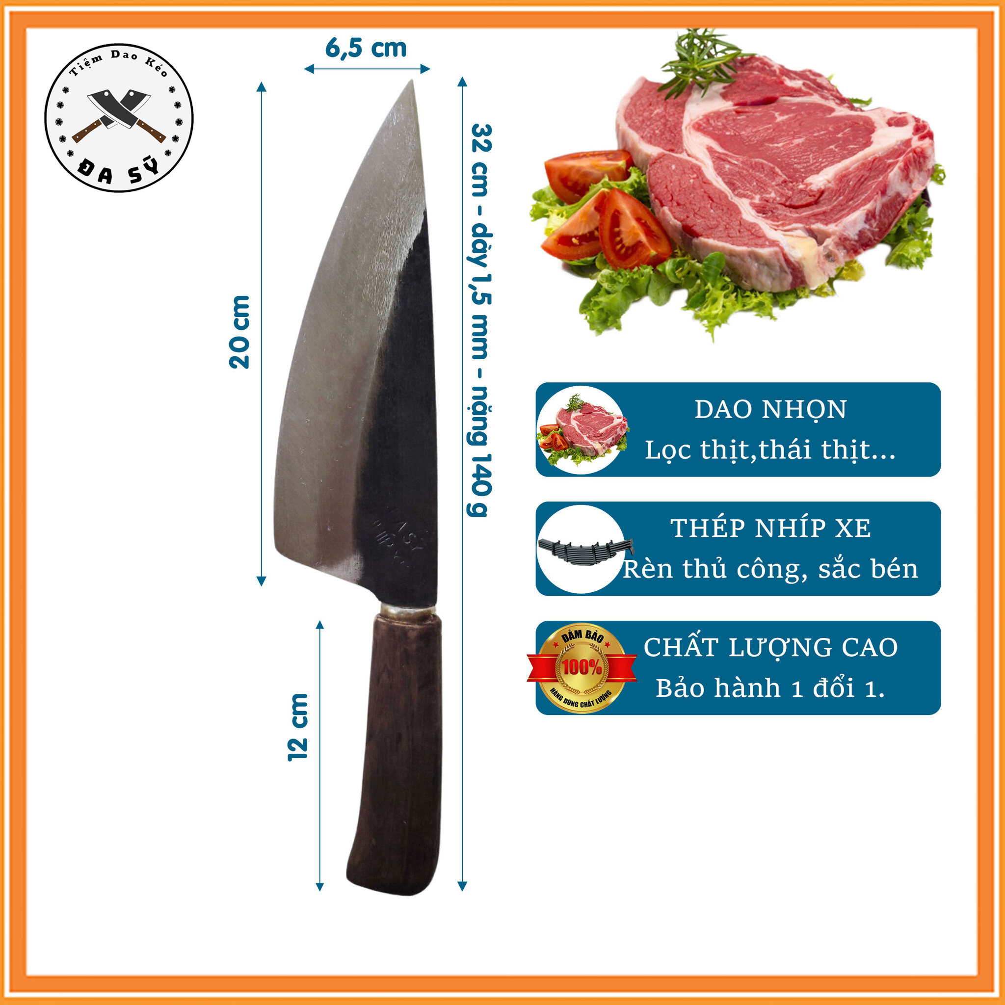 Dao bầu nhíp xe nhỡ, dao nhọn lọc thịt, thái thịt, chọc tiết, dao rèn từ thép nhíp xe siêu bền, cán gỗ chắc chắn