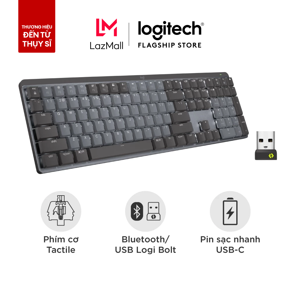  Bàn phím cơ không dây Logitech MX Mechanical – Tactile yên tĩnh được chiếu sáng nền Bluetooth pin sạc USB-C macOS| Windows 